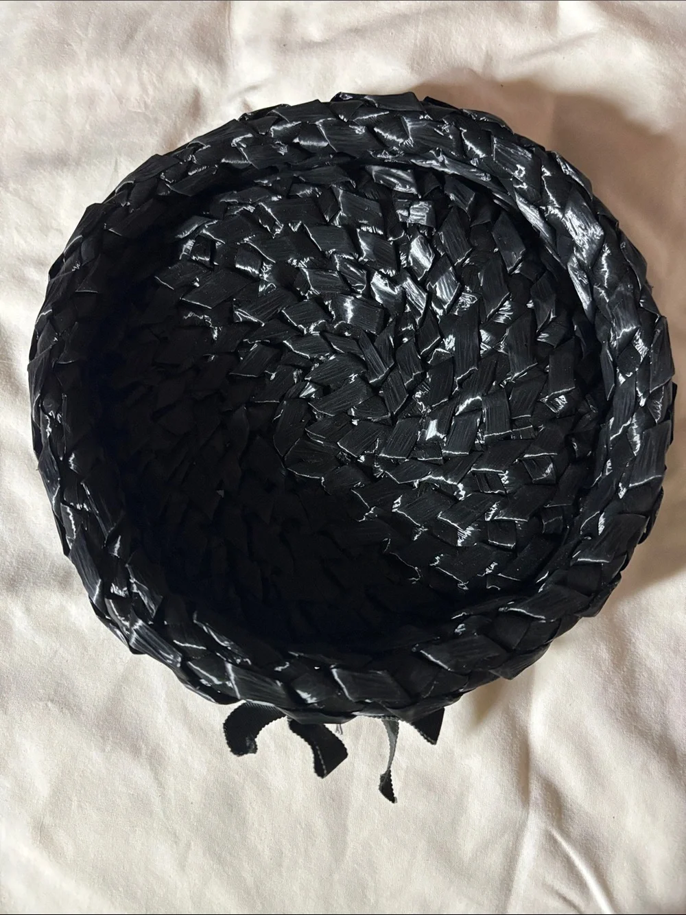 Vintage Black Woven Straw Cloche Hat